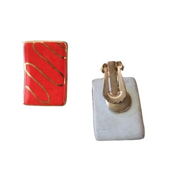 Red & Gold Enamel Earrings Clip On Earrings - Picture 2 of 3